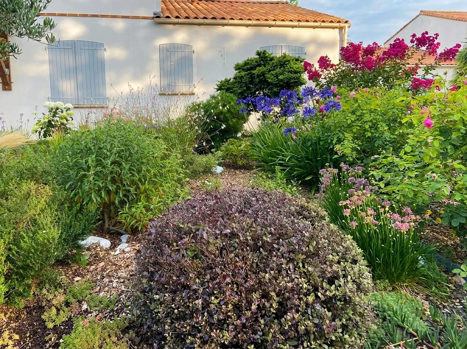 Professionnel en équipement de sécurité orange utilisant un taille-haie thermique pour l'entretien d'une haie de thuyas dans un jardin résidentiel