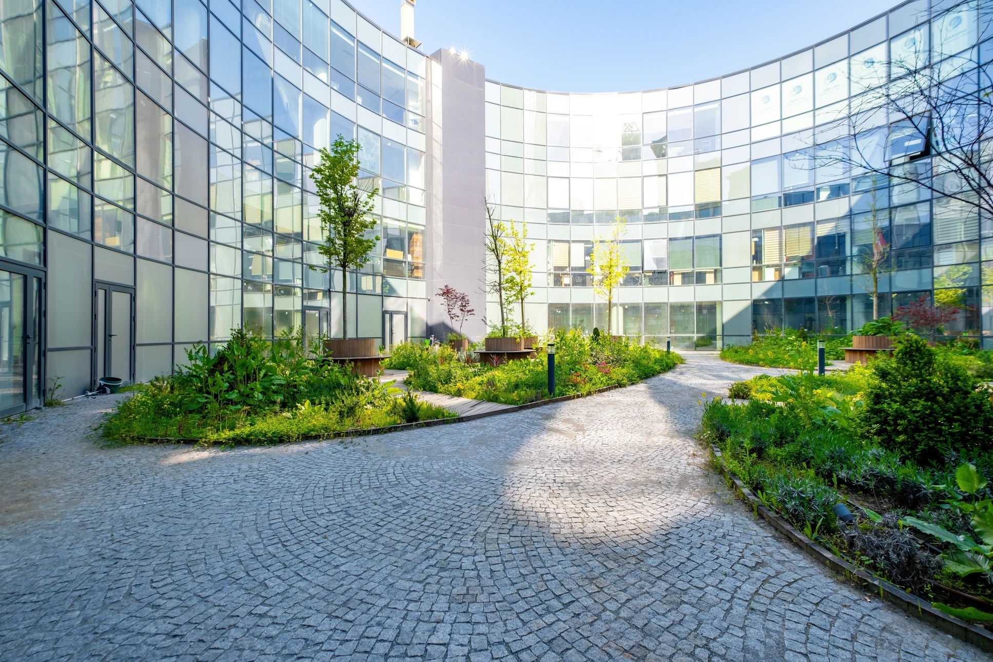 Terrasse végétalisée sur toit d'immeuble de bureaux avec personnel en réunion sous pergolas métalliques