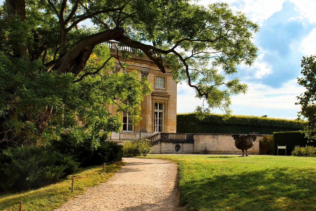 Jardin paysager avec pelouse parfaitement entretenue aux rayures de tonte géométriques